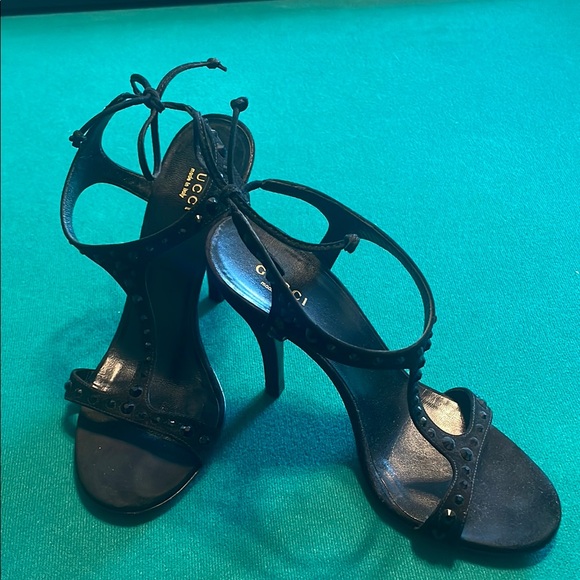 Gucci Black Crystal Suede T-Strap Women's Sandals - Picture 1 of 9